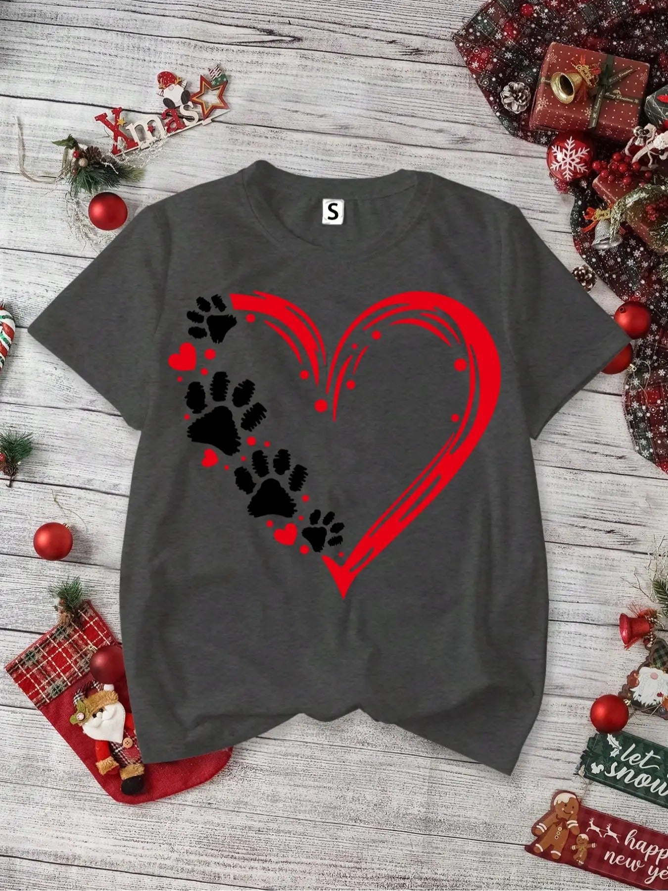 Women's Heart & Paw Print Round Neck Tee, Casual Short Sleeve Crew Neck T-shirt for Daily Wear, Ladies Clothes for All...