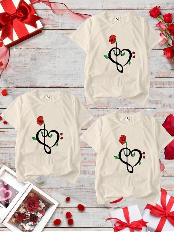 Women's Heart & Rose Print Round Neck Tee, Casual Short Sleeve Crew Neck T-shirt for Daily Wear, Ladies Clothes for All...