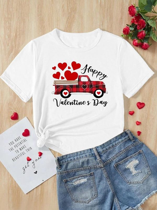 Heart Car Print Round Neck Casual Letter Short Sleeve Daily Summer Top T-Shirts, Hoodie, Sweatshirt