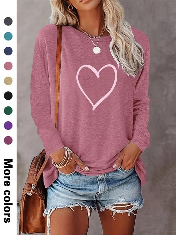Women's Heart Print Long Sleeve Tee, Casual Comfy Crew Neck T-shirt for Spring & Fall, Women's Top for Daily Wear Hoodie...