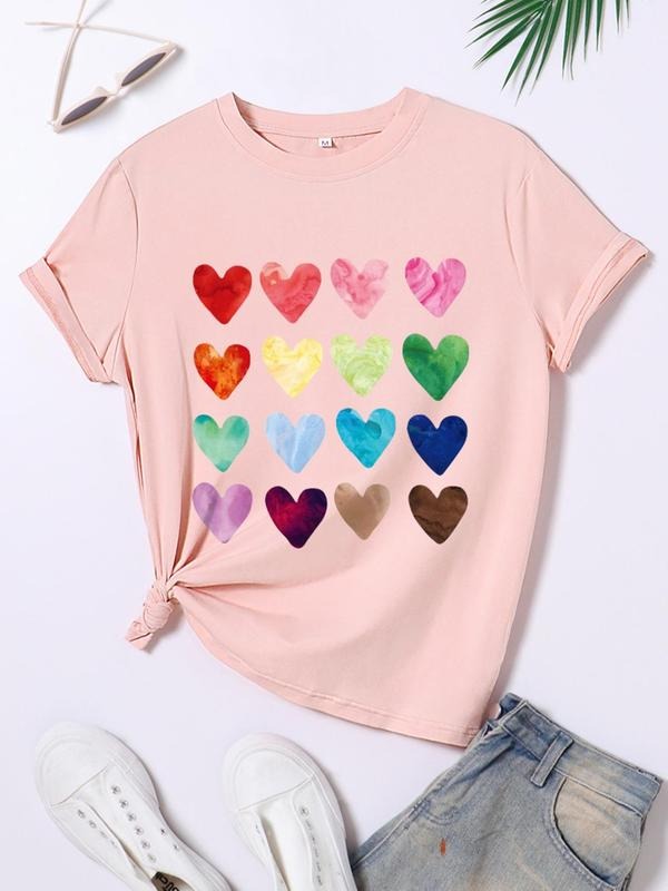 Heart Print Round Neck Casual Short Sleeve Daily All Seasons Shirt Hoodie Sweatshirt