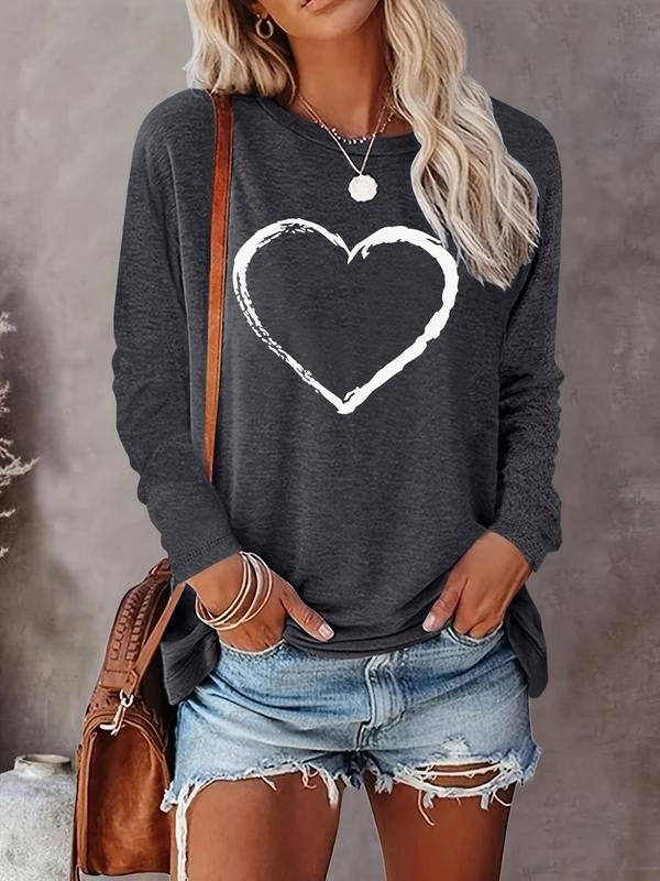 Women's Heart Print Round Neck Tee, Casual Long Sleeve Crew Neck T-shirt for Spring & Fall, Fashion Women's Top for Daily...