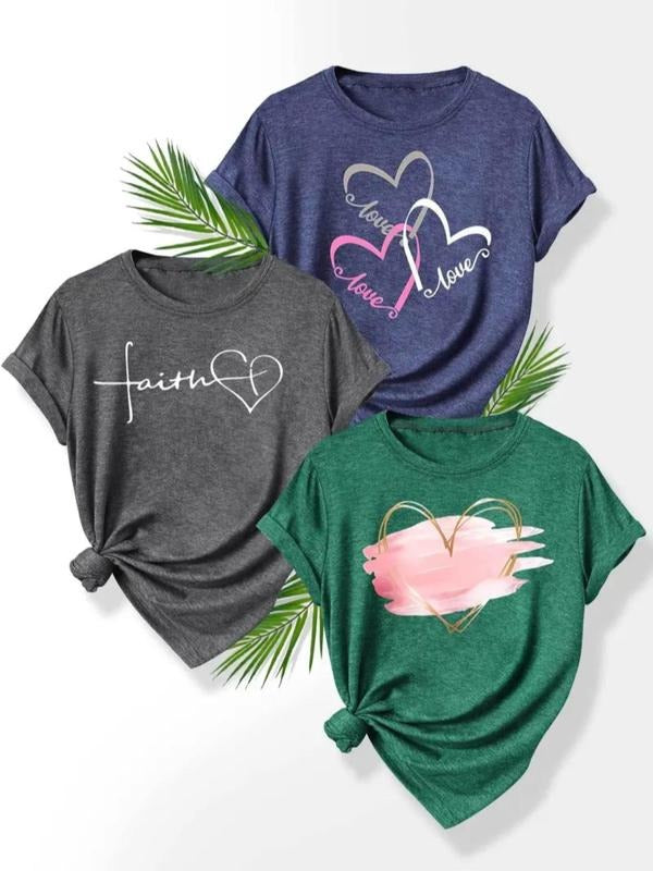 Women's Heart Print Round Neck Tee, Casual Short Sleeve Crew Neck T-shirt for Daily Wear, Ladies Clothes for Summer...