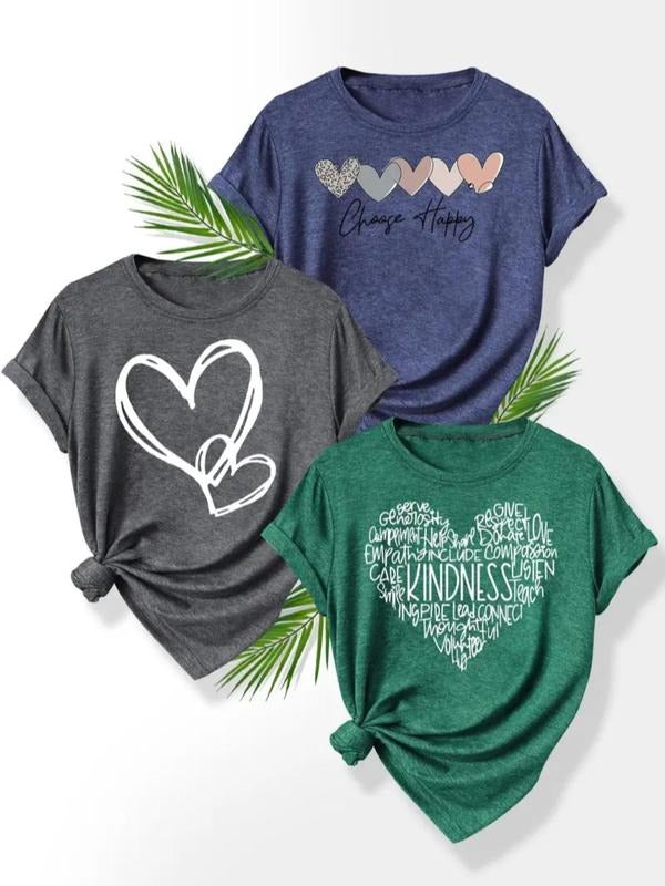 Women's Heart Print Round Neck Tee, Casual Short Sleeve Crew Neck T-shirt for Daily Wear, Ladies Clothes for Summer style...