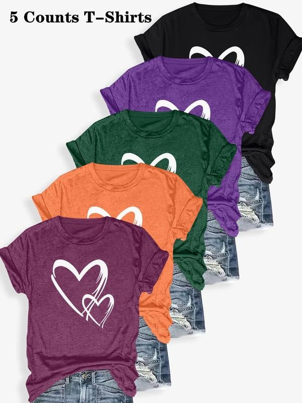Women's Heart Print Round Neck Tee, Casual Short Sleeve Crew Neck T-shirt for Summer, Ladies Clothes for Daily Wear...