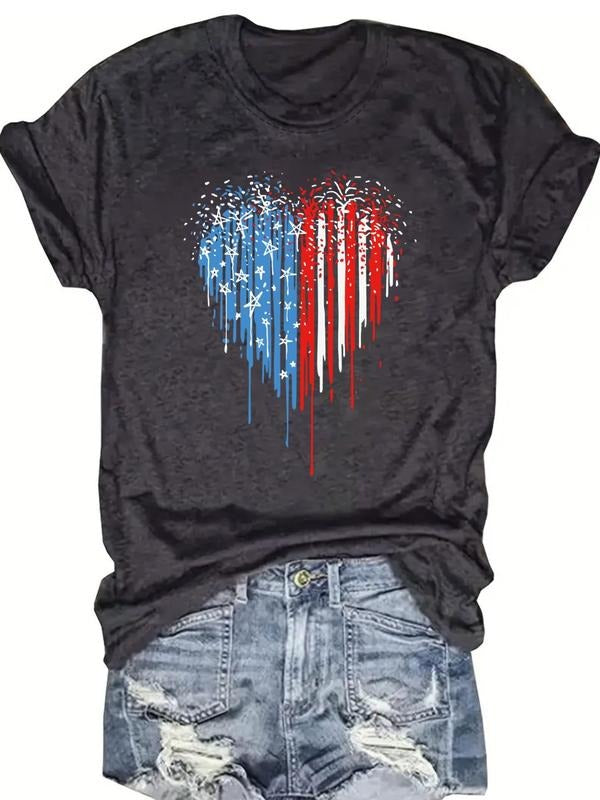 Women's Heart Print Round Neck Tee, Casual Short Sleeve T-shirt for Daily Wear, Ladies Clothes for All Seasons style 02...