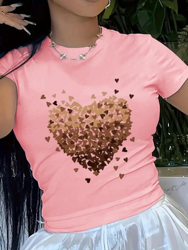 Women's Heart Print Round Neck Tee, Casual Short Sleeve T-shirt for Summer, Ladies Clothes for Daily Wear