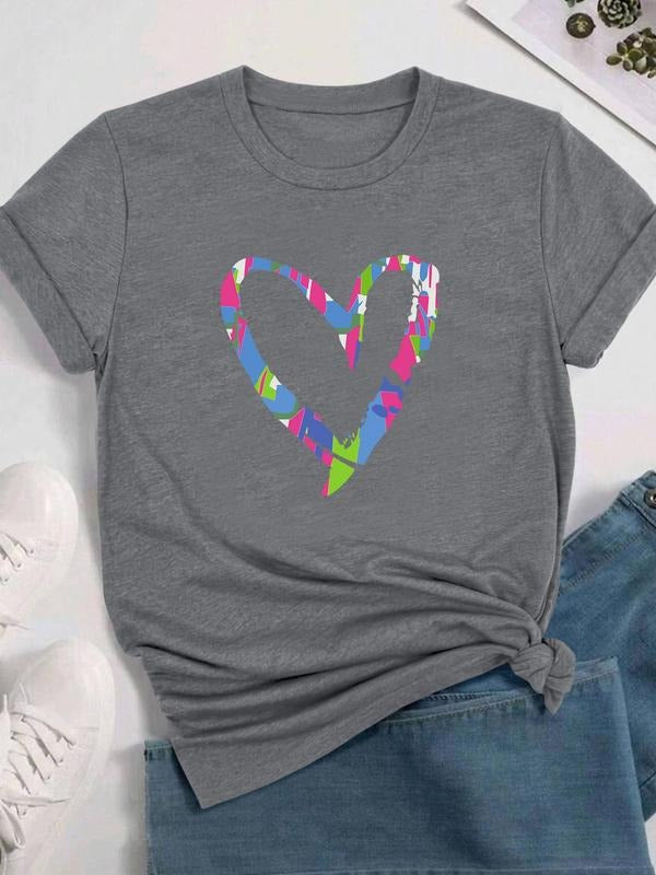 Women's Heart Print Round Neck Tee, Fashion Casual Crew Neck Short Sleeve T-Shirt for Daily Holiday Vacation Outdoor...