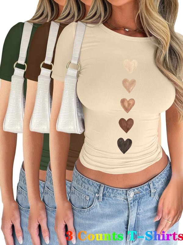 Women's Heart Print Short Sleeve Tee, Casual Round Neck T-shirt for Summer, Ladies Clothes for Daily Wear, Top Hoodie...