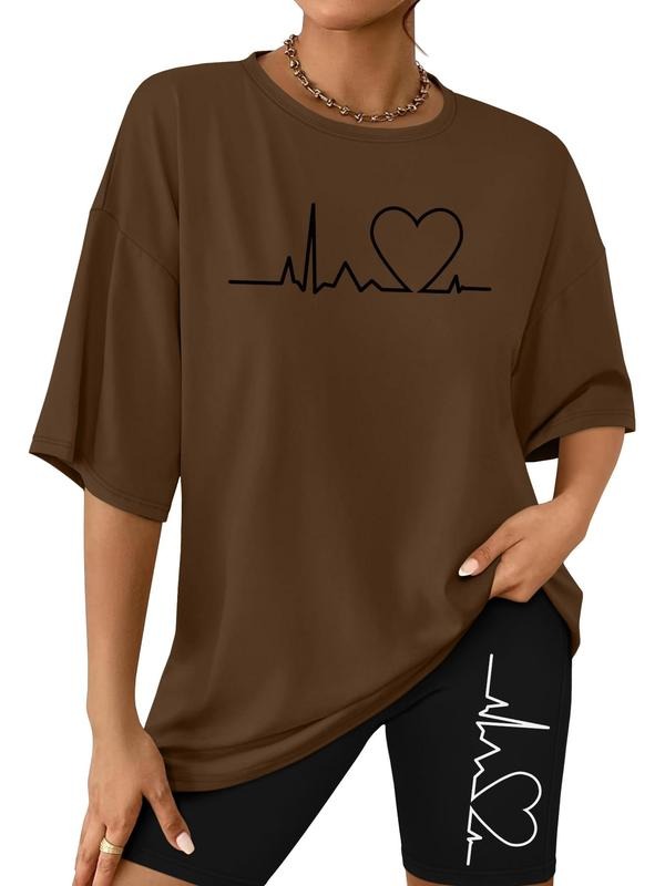 Women's Heartbeat Print Tee & Skinny Shorts Set, Casual Short Sleeve T-shirt & Shorts, Ladies Two-piece Outfits for All...