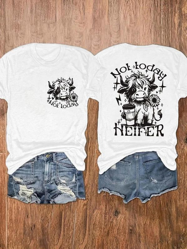Women's Highland Cow & Letter Print Round Neck Tee, Vintage Trendy Casual Short Sleeve T-shirt for Daily Wear, Ladies All...