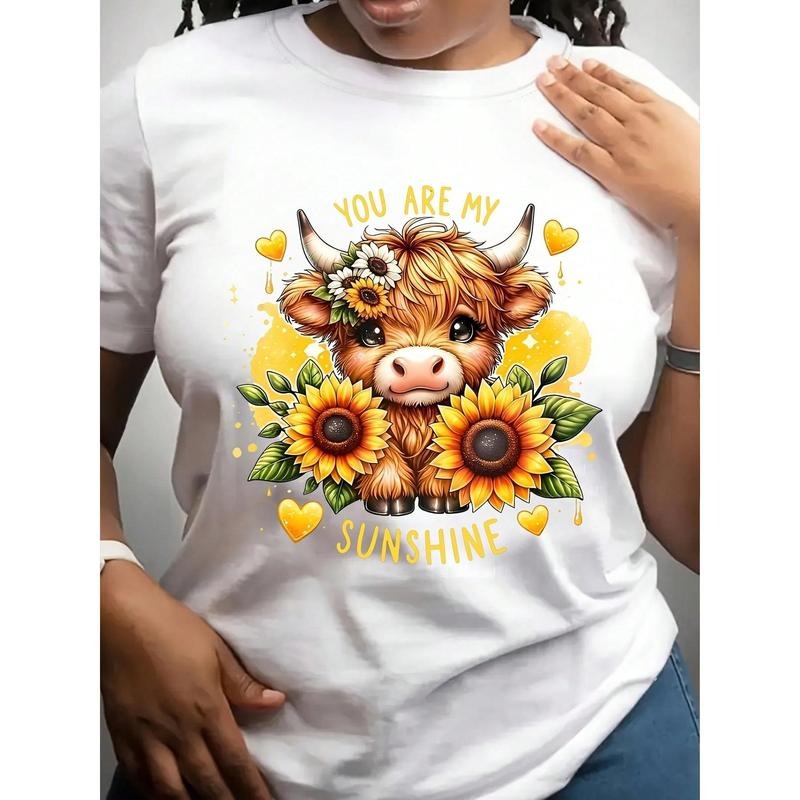Women's Highland Cow Shirt, Casual Crew Neck T-Shirt With Funny Highland Cow Graphic, Just A Girl Who Love Cow Short...