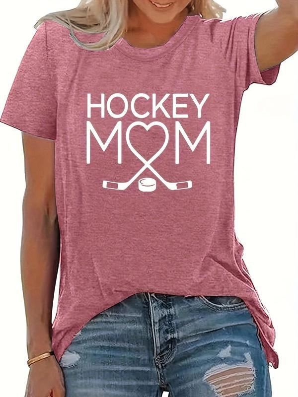Women's Hockey Mom Letter Print Round Neck Tee, Casual Soft Comfortable Breathable Short Sleeve T-shirt for Daily Wear,...