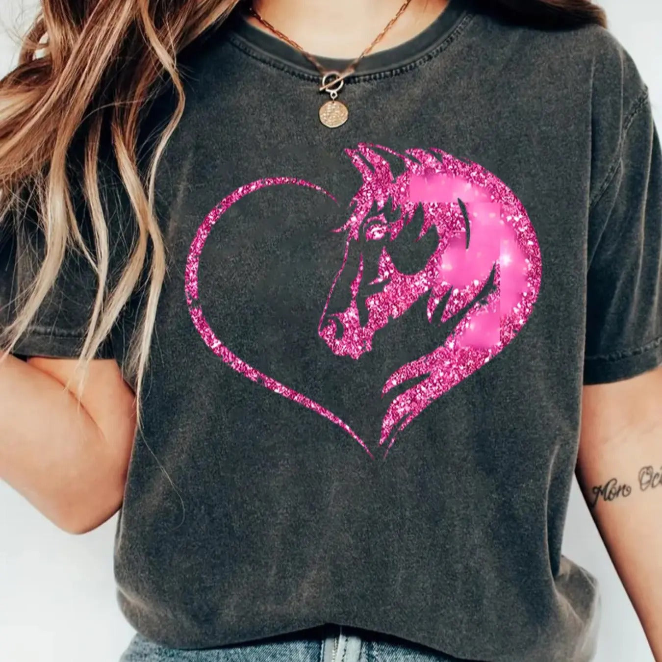 Women's Horse & Heart Print Round Neck Tee, Casual Short Sleeve Crew Neck T-shirt for Summer, Fashion Women's Top for...