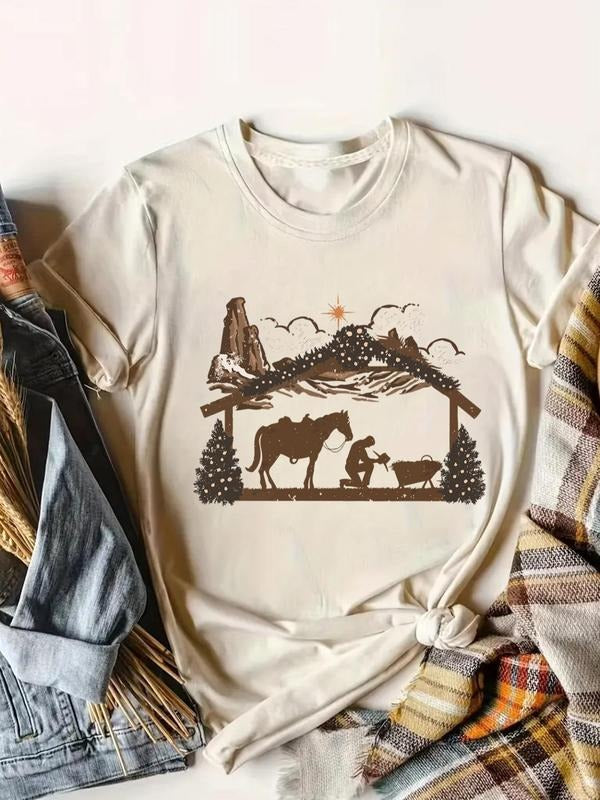 Women's Horse & Tree Print Round Neck Graphic Tee, Casual Short Sleeve T-shirt for Daily Wear, Ladies Clothes for All...