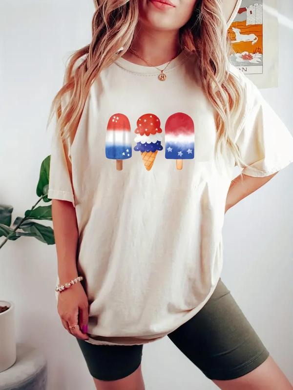 Women's Ice Cream Print Round Neck Tee, Casual Letter Graphic Short Sleeve T-Shirt for Daily Wear, Ladies Clothes for All...