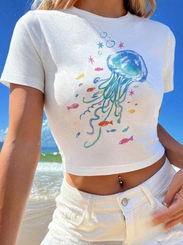Women's Jellyfish Print Off Shoulder Tee, Casual Fashion Crew Neck T-shirt for Summer, Women's Top for Daily Wear Hoodie...