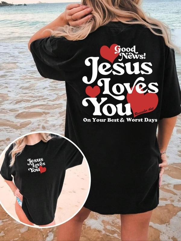 Women's Jesus Loves You Round Neck Graphic Tee, Fashion Casual Crew Neck T-shirt for Daily Holiday Vacation Outdoor Wear,...