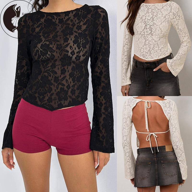 Women's Lace Tops Fall Fashionable Solid Color Bell Long Sleeve BacklessFit Shirts Hoodie Sweatshirt | PrintMintTees.com