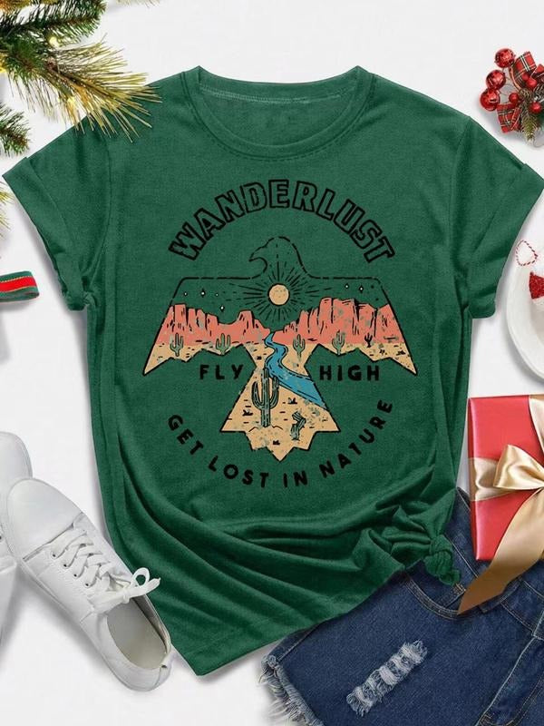 Women's Landscape & Letter & Eagle Print Round Neck Tee, Casual Short Sleeve Crew Neck T-Shirt for Daily Wear, Ladies...