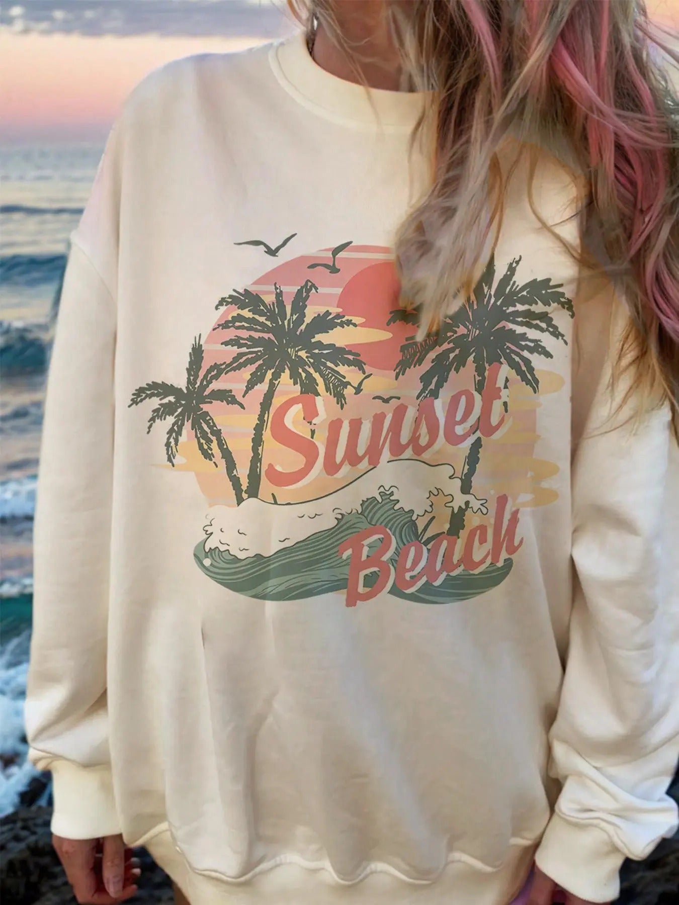 Landscape & Letter Print Drop Shoulder Casual Long Sleeve Round Neck Fall & Winter Clothes Daily T-Shirts, Hoodie, Sweatshirt
