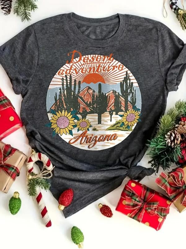 Women's Landscape & Letter Print Round Neck Tee, Casual Short Sleeve Crew Neck T-Shirt for Summer, Fashion Women's Top...