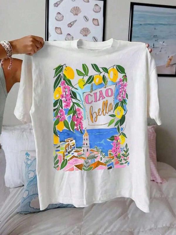 Lemon & Floral Print Round Neck Casual Letter Short Sleeve Daily Summer Top T-Shirts, Hoodie, Sweatshirt