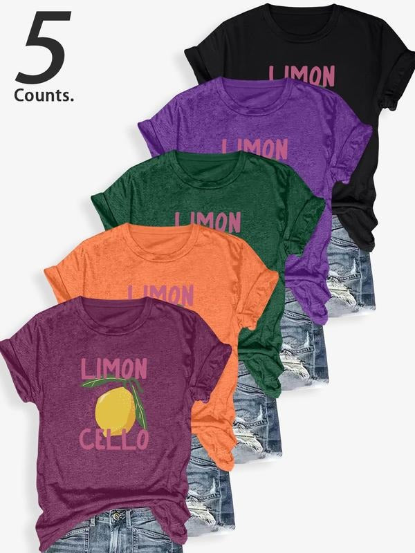 Women's Lemon & Letter Print Round Neck Tee, Casual Short Sleeve Crew Neck T-shirt for Daily Wear, Ladies Clothes for All...
