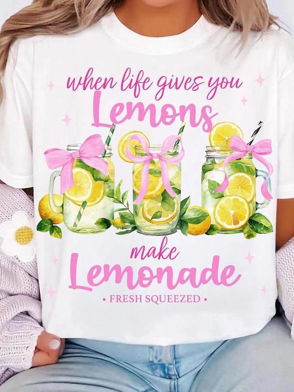 Women's Lemon & Letter Print Round Neck Tee, Fashion Casual Crew Neck T-Shirt for Daily Holiday Vacation Outdoor Wear,...