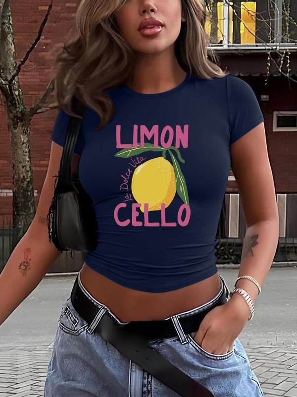 Women's Lemon Print Round Neck Crop Tee, Fashion Casual Crew Neck Short Sleeve T-shirt for Daily Holiday Vacation Outdoor...