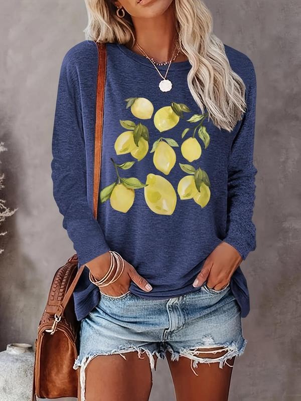 Women's Lemon Print Round Neck Tee, Casual Long Sleeve Crew Neck T-shirt for Fall & Winter, Women's Top for Daily Wear...