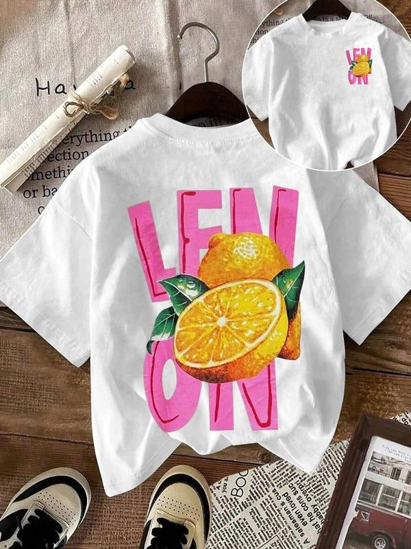 Women's Lemon Print Round Neck Tee, Fashion Casual Crew Neck Short Sleeve T-Shirt for Daily Holiday Vacation Outdoor...