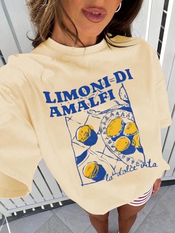 Women's Lemon Print Round Neck Tee, Vintage Trendy Casual Short Sleeve T-shirt for Daily Wear, Ladies Summer Hoodie...