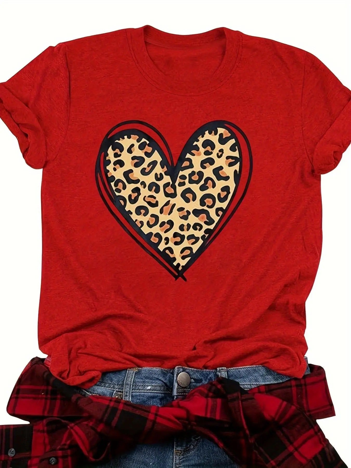 Women's Leopard & Heart Print Tee, Casual Short Sleeve Round Neck T-shirt for Summer, Women's Top for Daily Wear Hoodie...