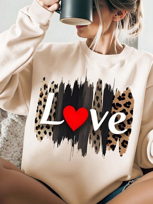 Leopard & Letter Print Round Neck Casual Long Sleeve Crew Neck Spring & Fall Top Daily T-Shirts, Hoodie, Sweatshirt