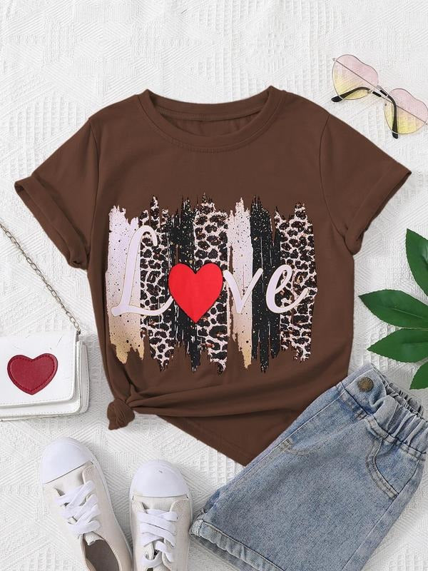 Leopard & Letter Print Round Neck Casual Crew Neck Daily Vacation Outdoor Clothes Summer Top T-Shirts, Hoodie, Sweatshirt