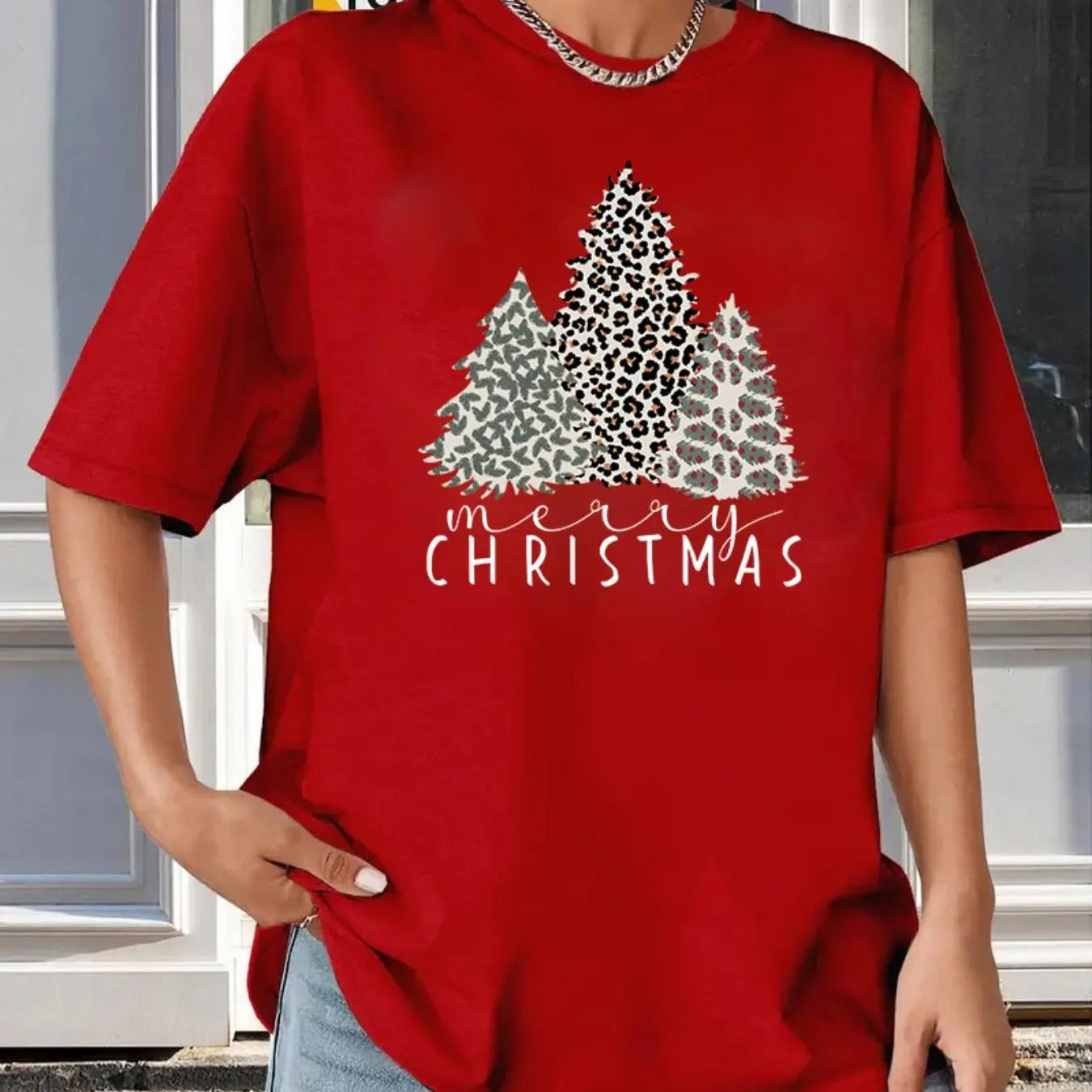 Women's Leopard & Tree Print Drop Shoulder Tee, Casual Half Sleeve Round Neck T-Shirt for Christmas, Women's Top for...