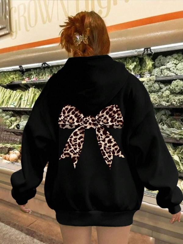 Women's Leopard Bowknot Print Drop Shoulder Thermal Lined Hoodie, Fashion Casual Drawstring Pocket Hooded Sweatshirt for...