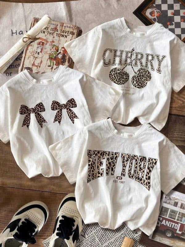 Leopard Round Neck Casual Short Sleeve Summer Clothes Daily T-Shirts, Hoodie, Sweatshirt