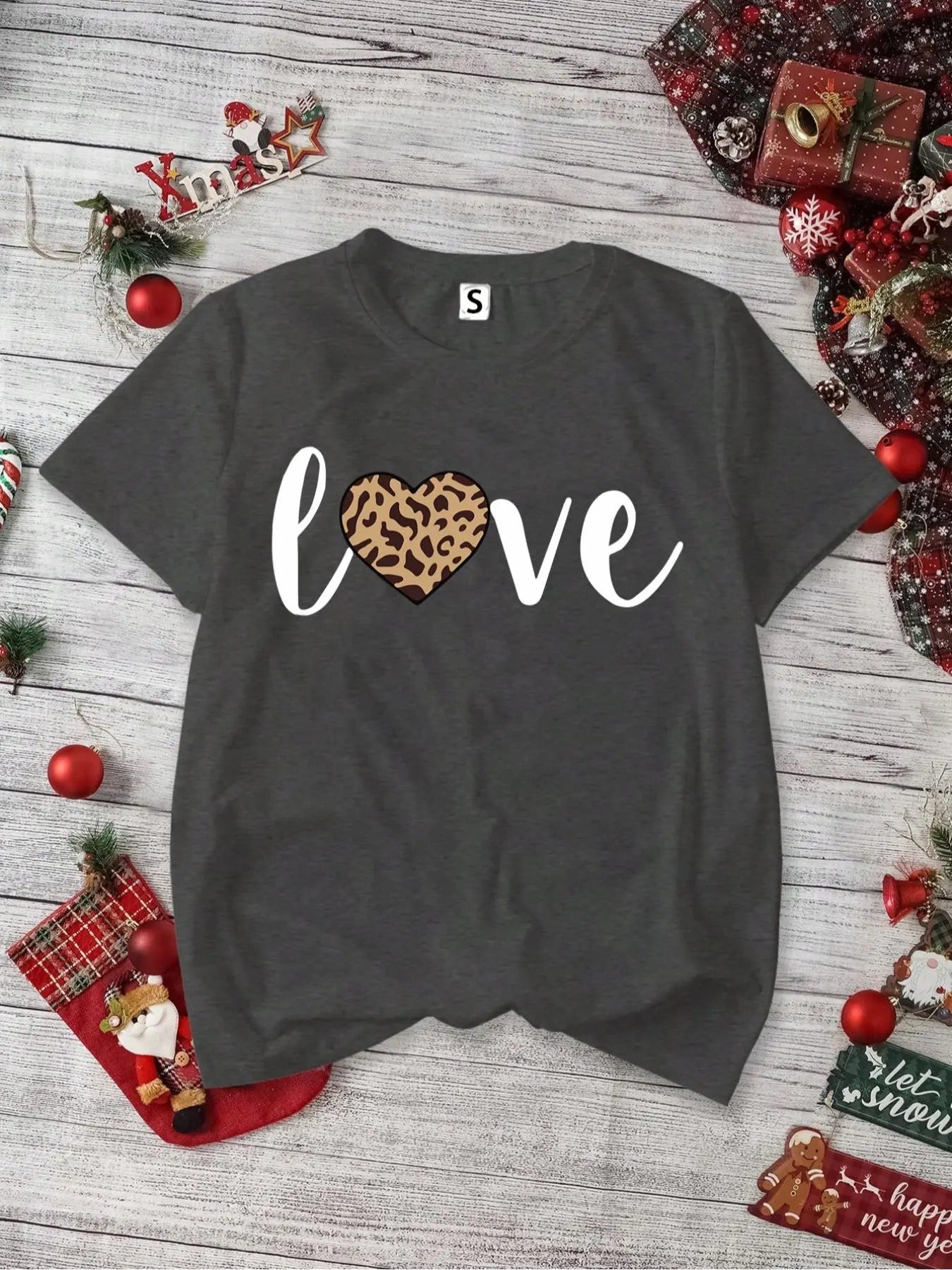 Women's Leopard Heart & Letter Print Round Neck Tee, Casual Short Sleeve Crew Neck T-shirt for Daily Wear, Ladies Clothes...