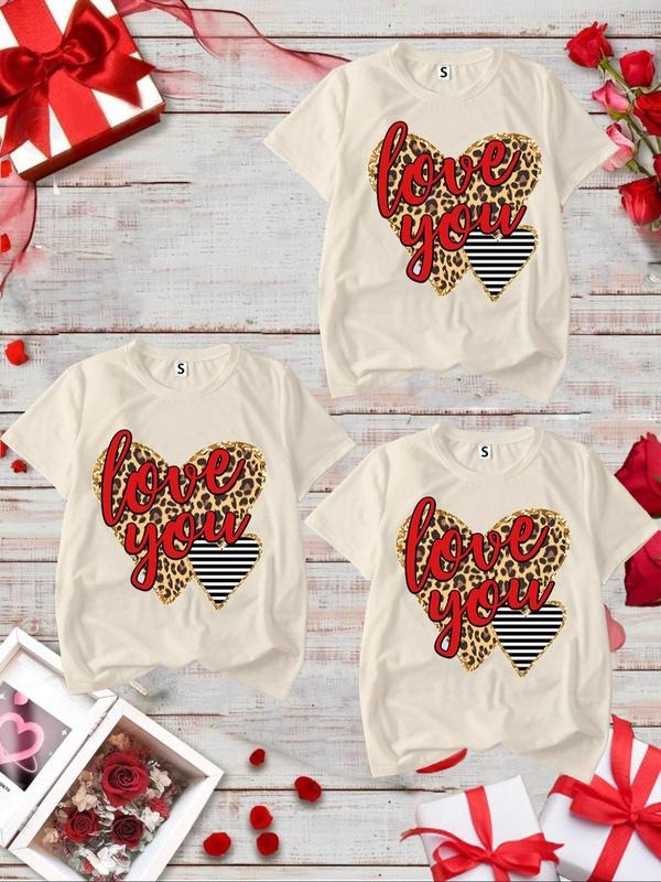 Women's Leopard Heart & Letter Print Round Neck Tee, Casual Short Sleeve T-shirt for Daily Wear, Ladies Clothes for All...