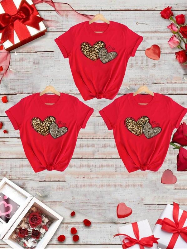 Women's Leopard Heart Print Round Neck Tee, Casual Short Sleeve Crew Neck T-shirt for Daily Wear, Ladies Clothes for All...