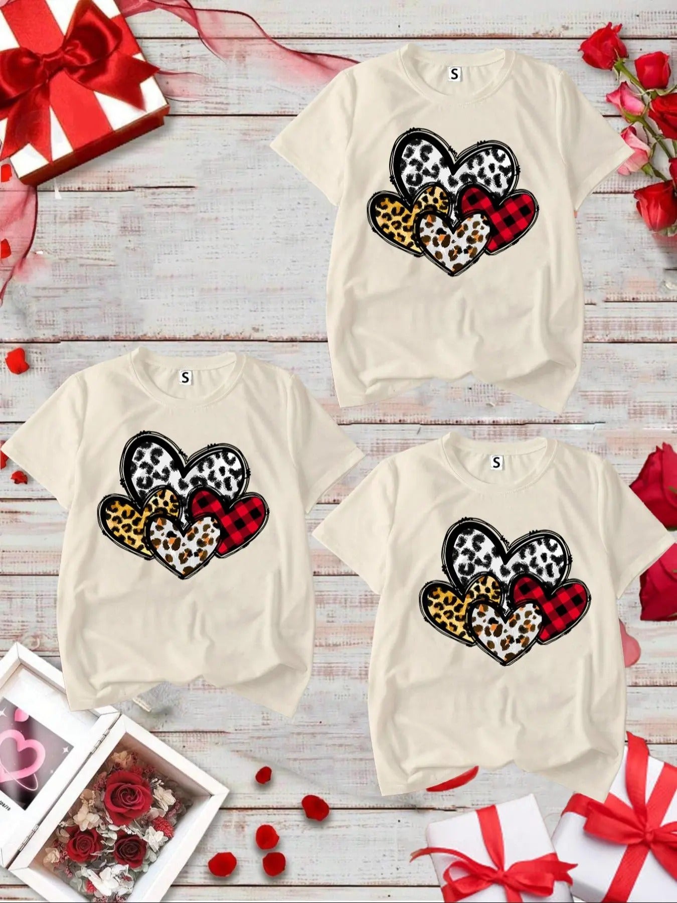 Women's Leopard Heart Print Round Neck Tee, Casual Short Sleeve T-shirt for Daily Wear, Ladies Clothes for All Seasons...