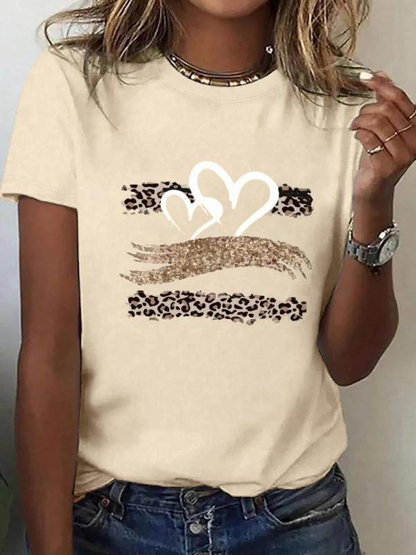 Women's Leopard Heart Print Round Neck Tee, Fashion Casual Crew Neck T-Shirt for Daily Holiday Vacation Outdoor Wear,...