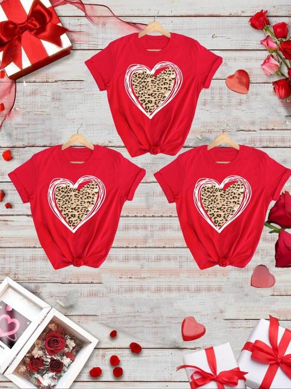 Women's Leopard Heart Print Tee, Casual Short Sleeve T-shirt for Daily Wear, Ladies Clothes for All Seasons Hoodie Sweatshirt