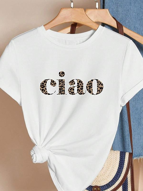Leopard Letter Print Round Neck Casual Short Sleeve Crew Neck Daily Clothes All Seasons Top T-Shirts, Hoodie, Sweatshirt