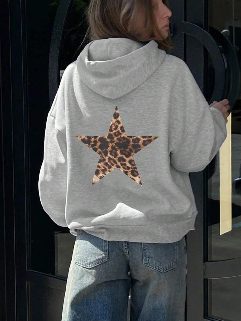 Women's Leopard Star Print Drop Shoulder Hoodie, Fashion Casual Drawstring Pocket Hooded Sweatshirt for Daily Holiday...