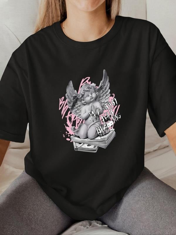 Letter & Angel Print Round Neck Vintage Casual Short Sleeve Daily All Seasons T-Shirts, Hoodie, Sweatshirt