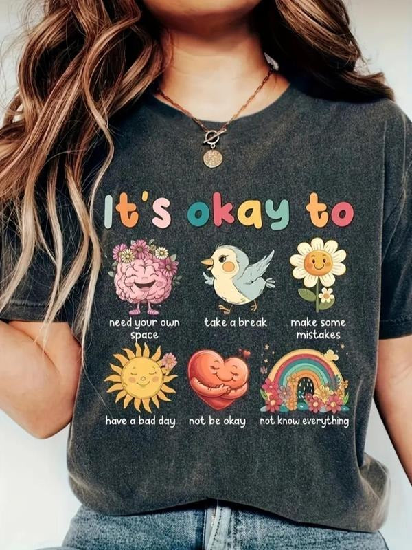 Women's Letter & Bird Print Round Neck Tee, Trendy Casual Crew Neck Short Sleeve T-shirt for Daily Wear, Ladies All...