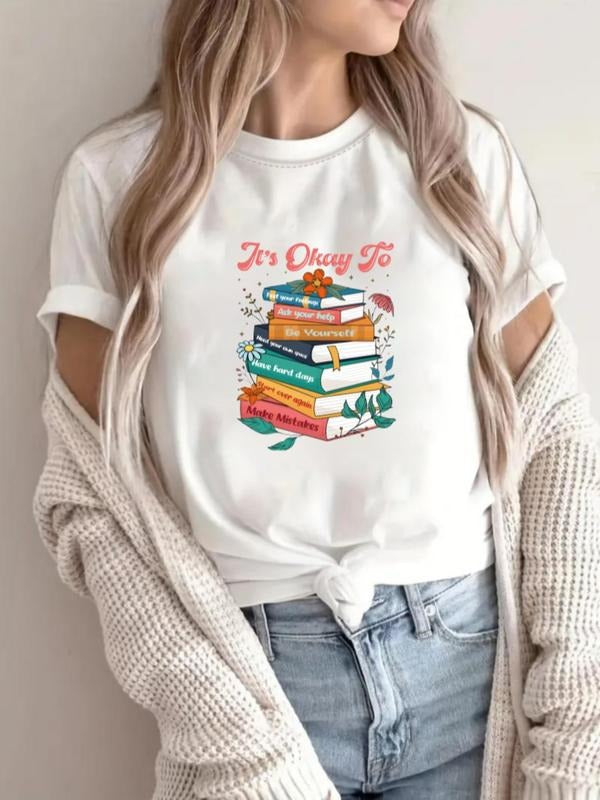 Women's Letter & Book Print Round Neck Tee, Casual Short Sleeve Crew Neck T-shirt for Daily Wear, Ladies Clothes for All...